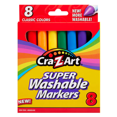 A box of Cra-Z-Art Broadline Markers Washable-Classic 8 Count. The packaging displays eight classic colors with the text "New! More Washable!" The markers are non-toxic and broadline.