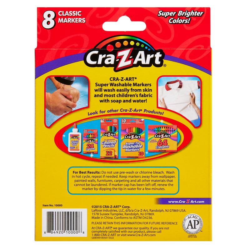 The back of a Cra-Z-Art Broadline Markers Washable-Classic 8 Count pack with 8 classic markers. It also shows other Cra-Z-Art products and gives instructions for removing marks from clothing.