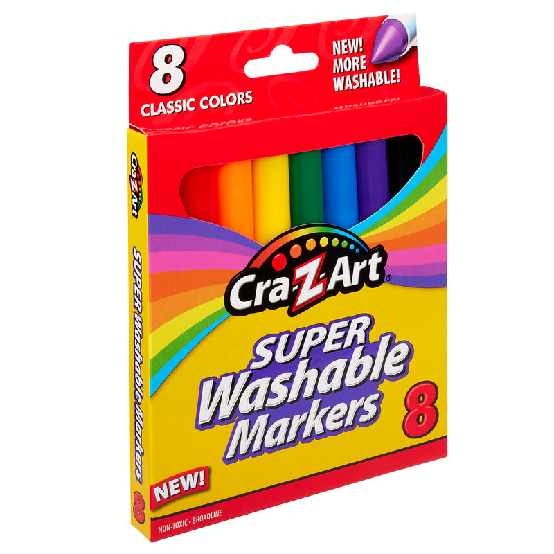 A package of Cra-Z-Art Broadline Markers Washable-Classic 8 Count. The packaging is yellow with rainbow accents and advertises that the markers are non-toxic and more washable.