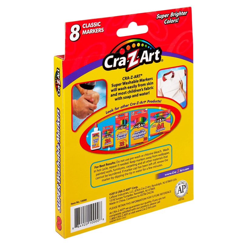 Back of a package of Cra-Z-Art Broadline Markers Washable-Classic 8 Count, detailing product information, features like super washable colors, and images of additional products.