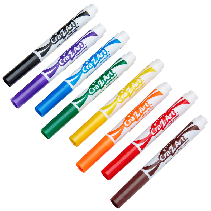Eight Cra-Z-Art Broadline Markers Washable-Classic 8 Count in various colors (black, blue, green, yellow, orange, red, brown, and purple) are neatly aligned on a white background.