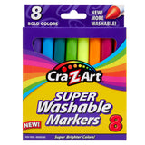 A package of Cra-Z-Art Broadline Markers Washable Bold 8 Count displaying 8 bold colors. The package is labeled “NEW! More Washable!,” “Non-Toxic,” and “Super Brighter Colors!”.