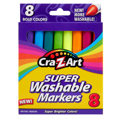 A package of Cra-Z-Art Broadline Markers Washable Bold 8 Count displaying 8 bold colors. The package is labeled “NEW! More Washable!,” “Non-Toxic,” and “Super Brighter Colors!”.