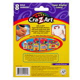 Back of a Cra-Z-Art Broadline Markers Washable Bold 8 Count package displaying product information and images of other Cra-Z-Art items. Text includes washing instructions and the claim that colors are super bright and easily washable.