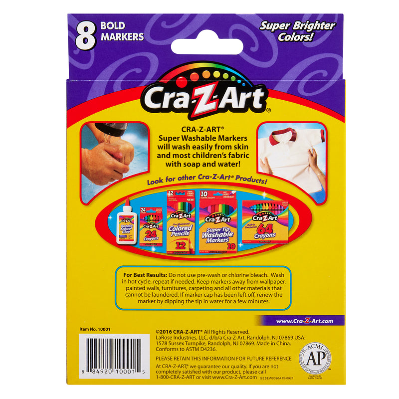Back of a Cra-Z-Art Broadline Markers Washable Bold 8 Count package displaying product information and images of other Cra-Z-Art items. Text includes washing instructions and the claim that colors are super bright and easily washable.