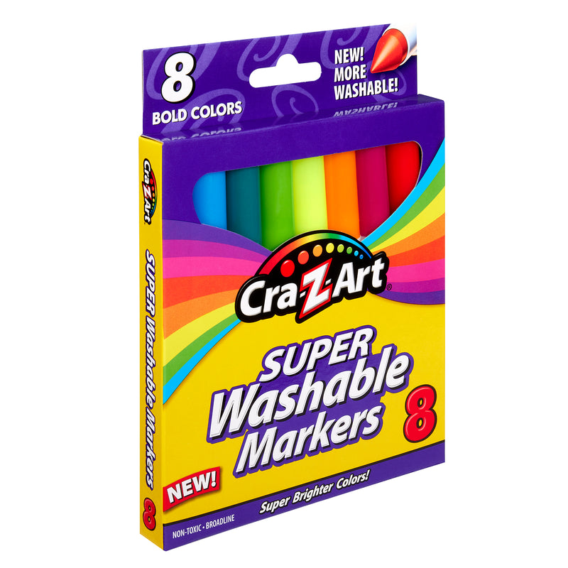 A package of Cra-Z-Art Broadline Markers Washable Bold 8 Count. The box highlights features such as being new, more washable, and non-toxic with super bright colors.