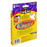 Backside packaging of Cra-Z-Art Broadline Markers Washable Bold 8 Count, highlighting 8 bold colors, super washable ink, and other Cra-Z-Art products. Features suggestions for stain removal and consumer information.