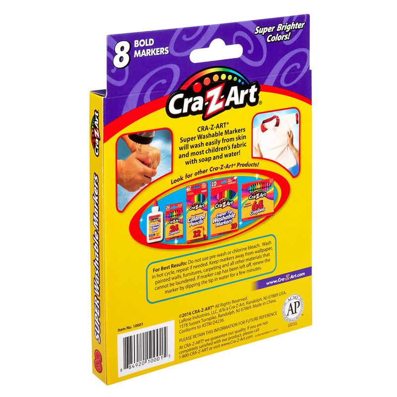 Backside packaging of Cra-Z-Art Broadline Markers Washable Bold 8 Count, highlighting 8 bold colors, super washable ink, and other Cra-Z-Art products. Features suggestions for stain removal and consumer information.