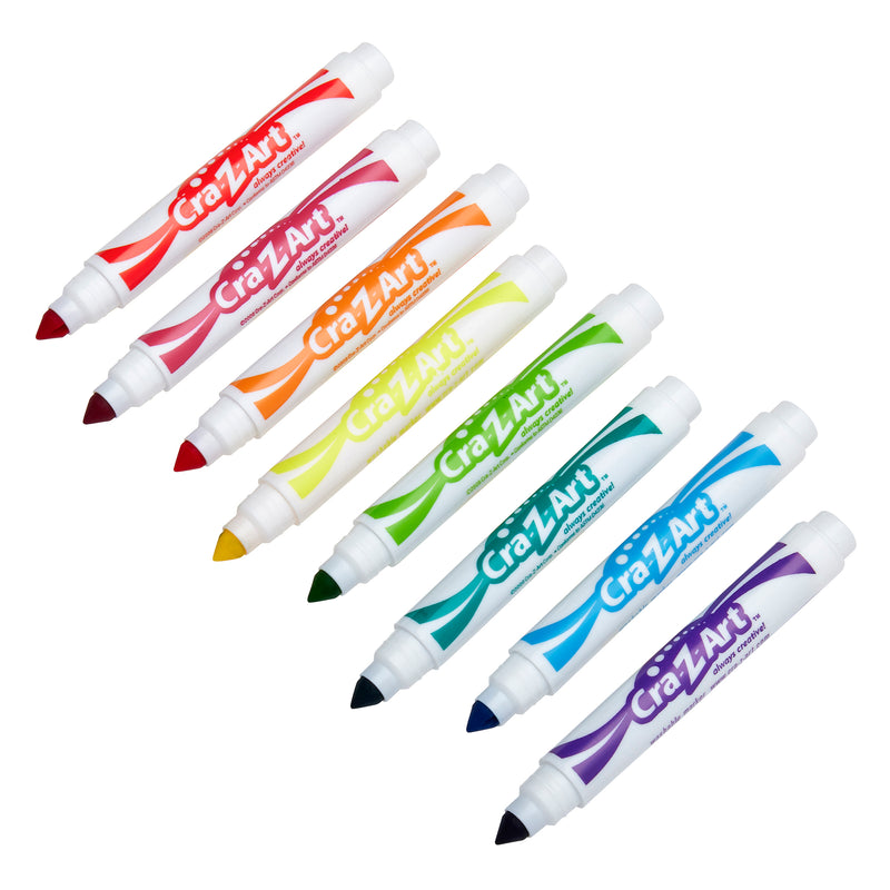 A row of eight Cra-Z-Art Broadline Markers Washable Bold 8 Count in various colors, including red, orange, yellow, green, blue, and purple, arranged diagonally on a white background.