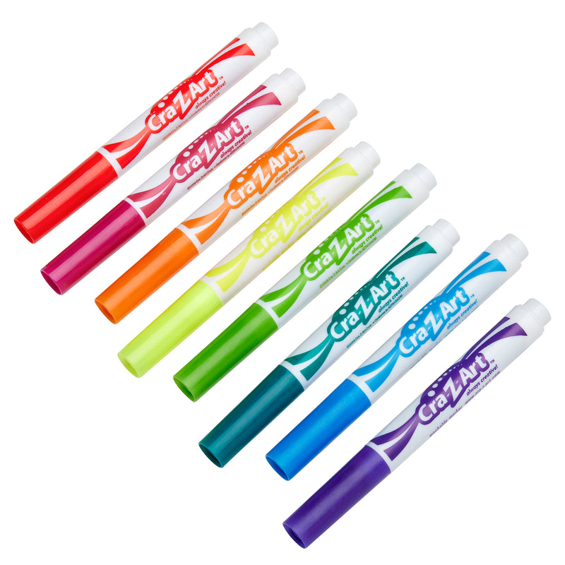 Eight Cra-Z-Art Broadline Markers Washable Bold 8 Count in various colors (red, orange, yellow, green, light blue, blue, purple, pink) arranged diagonally from top left to bottom right on a white background.
