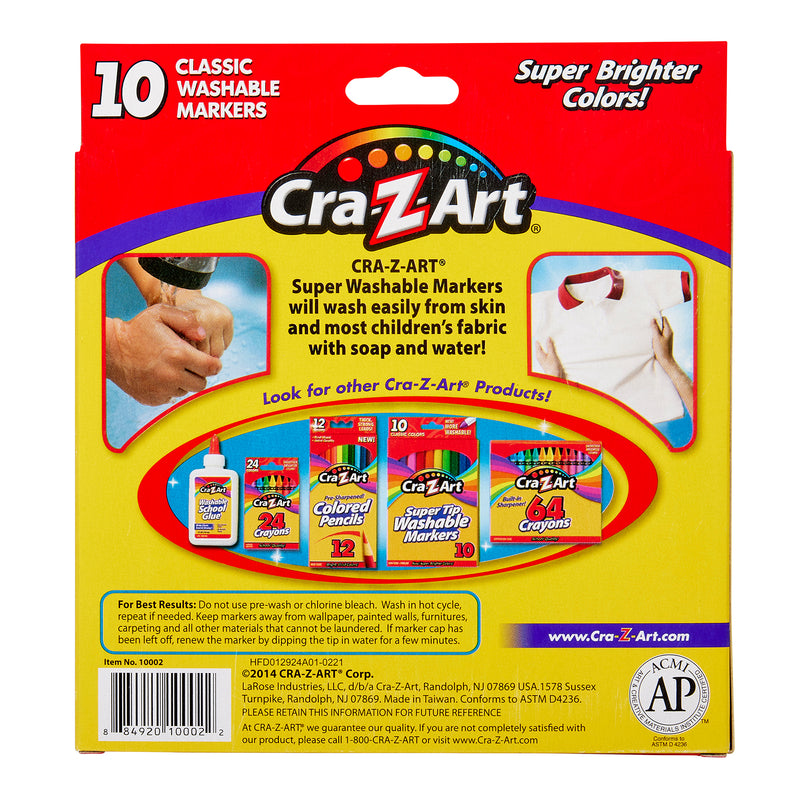 Back of a 10 ct. Classic Washable Broadline Markers, peggable box pack showing 10 markers, product features, and other Cra-Z-Art products such as colored pencils, super washable markers, and a 64 crayon pack.