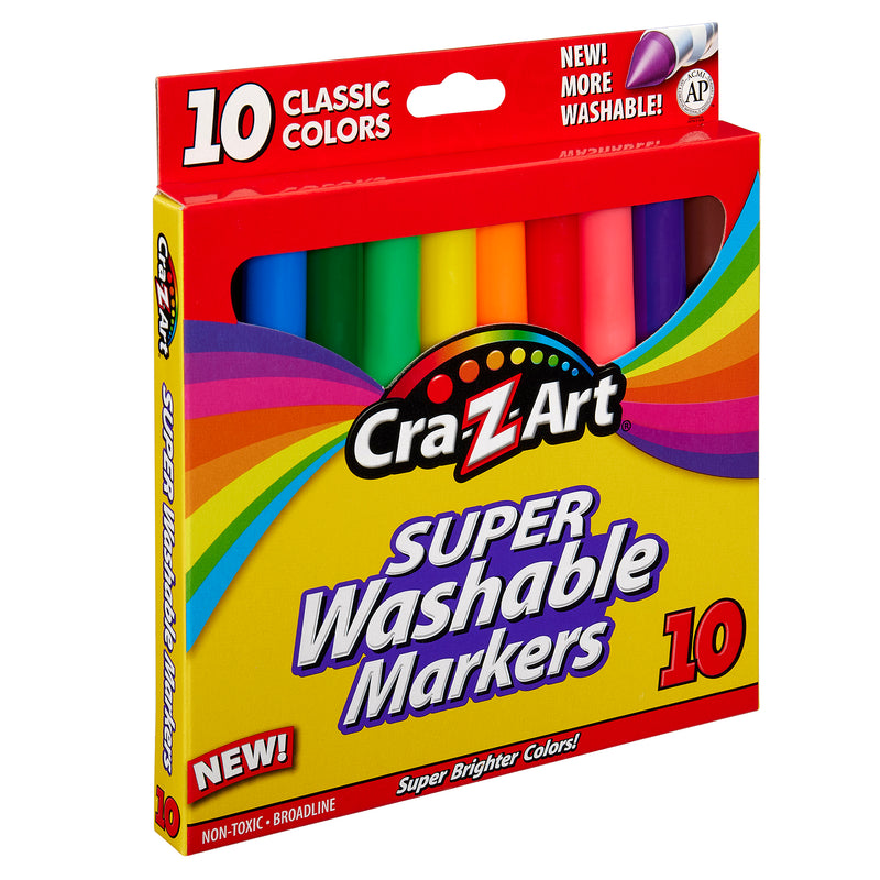 A box of 10 ct. Classic Washable Broadline Markers, peggable box featuring 10 classic colors. The packaging highlights "NEW! More Washable!" and "Non-Toxic - Broadline.