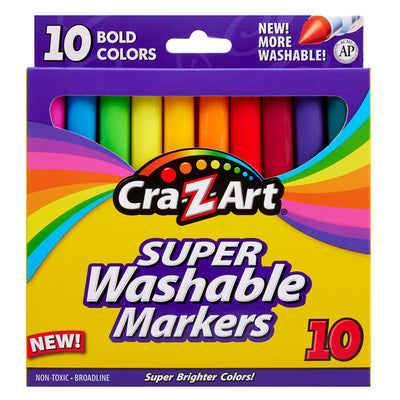 A box of Cra-Z-Art Broadline Marker Washable Bold 10 Count with 10 bold colors, labeled as non-toxic and broadline. The packaging highlights the markers as being new and more washable.