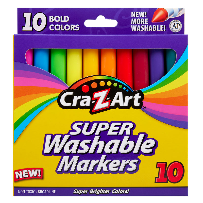 A box of Cra-Z-Art Broadline Marker Washable Bold 10 Count with 10 bold colors, labeled as non-toxic and broadline. The packaging highlights the markers as being new and more washable.