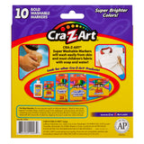 Back of Cra-Z-Art Broadline Marker Washable Bold 10 Count box, showing product details, including additional Cra-Z-Art products like colored pencils and crayons, and a demonstration of the markers washing clean from fabric.