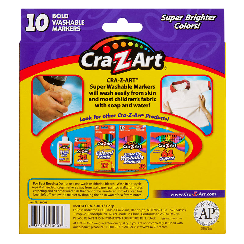 Back of Cra-Z-Art Broadline Marker Washable Bold 10 Count box, showing product details, including additional Cra-Z-Art products like colored pencils and crayons, and a demonstration of the markers washing clean from fabric.