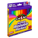 A box of Cra-Z-Art Broadline Marker Washable Bold 10 Count with ten bold colors visible. The packaging highlights they are non-toxic, more washable, and provide super brighter colors.