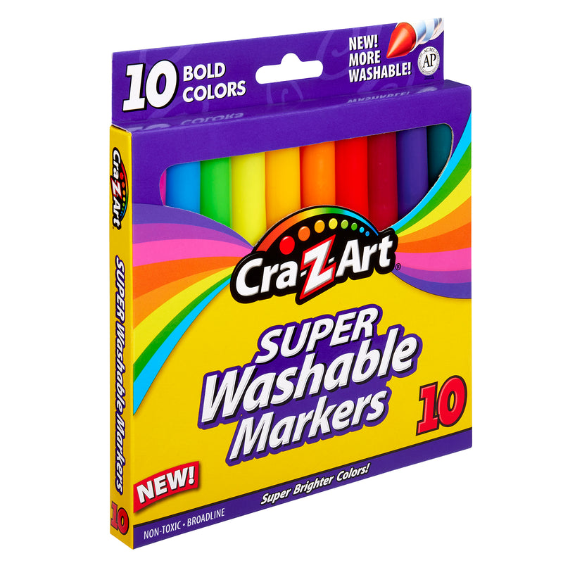 A box of Cra-Z-Art Broadline Marker Washable Bold 10 Count with ten bold colors visible. The packaging highlights they are non-toxic, more washable, and provide super brighter colors.