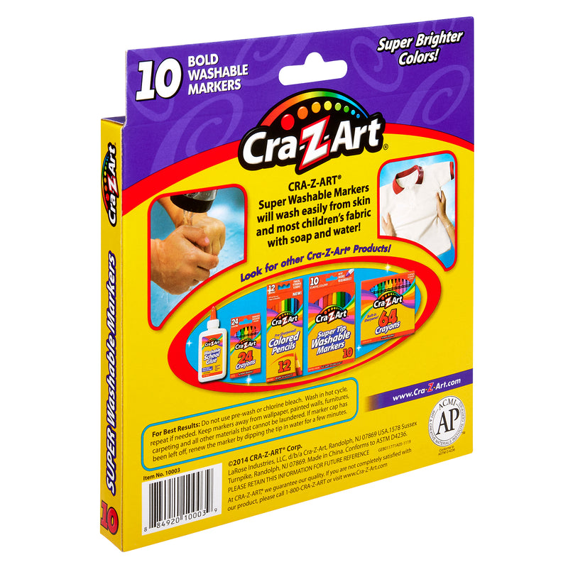 Image of a Cra-Z-Art Broadline Marker Washable Bold 10 Count, advertised as easy to wash off from skin and most fabrics with soap and water. The packaging displays various Cra-Z-Art products and a use case illustration.