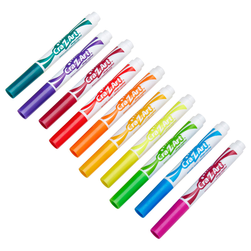 Ten Cra-Z-Art Broadline Marker Washable Bold 10 Count markers in various colors are arranged diagonally against a white background. Colors include shades of purple, blue, green, yellow, orange, and red.