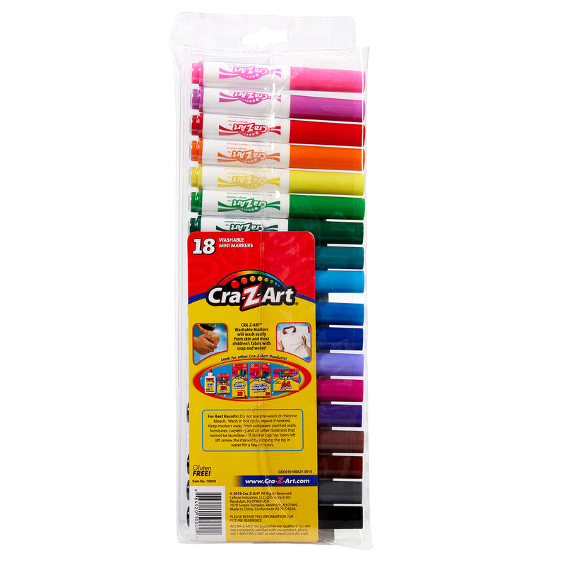 A clear plastic pack of 18 ct. Mini Broadline Markers, displayed with various colors visible, front label detailing product information and brand name.