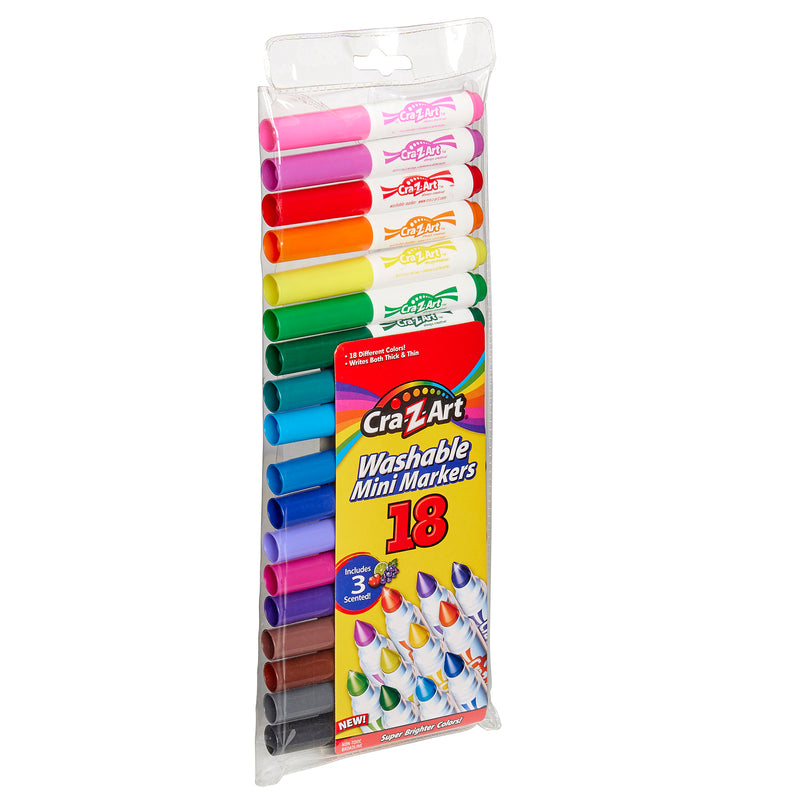A pack of 18 ct. Mini Broadline Markers in various colors, featuring 3 scented markers. The markers are arranged in a clear plastic holder with a hanging tab.