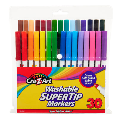 A pack of Cra-Z-Art Super Tip Marker -Washable 30 Count with 30 markers in various colors, packaged in a clear plastic case. The label highlights both broad and fine lines and the phrase "Super Brighter Colors!.
