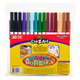 A package of Cra-Z-Art Super Tip Marker -Washable 30 Count in various colors, labeled with product information and images of cleaning tips and other Cra-Z-Art products on a yellow and red background.