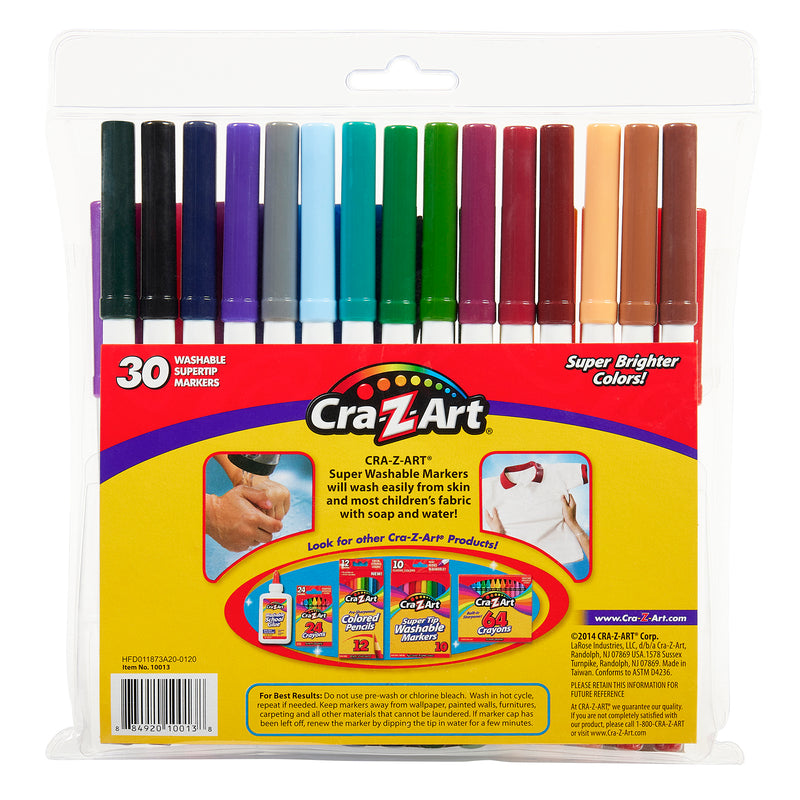 A package of Cra-Z-Art Super Tip Marker -Washable 30 Count in various colors, labeled with product information and images of cleaning tips and other Cra-Z-Art products on a yellow and red background.