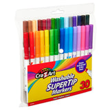 Package of Cra-Z-Art Super Tip Marker - Washable 30 Count, containing 30 markers in various colors, with packaging text indicating "Draws both broad & fine lines!