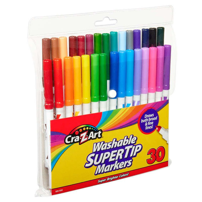Package of Cra-Z-Art Super Tip Marker - Washable 30 Count, containing 30 markers in various colors, with packaging text indicating "Draws both broad & fine lines!