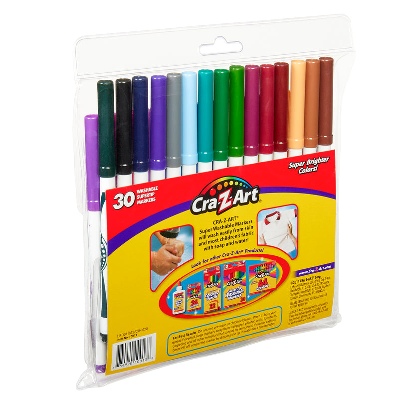 A pack of Cra-Z-Art Super Tip Marker -Washable 30 Count in assorted colors. The packaging showcases the markers along with the brand logo and other products available.