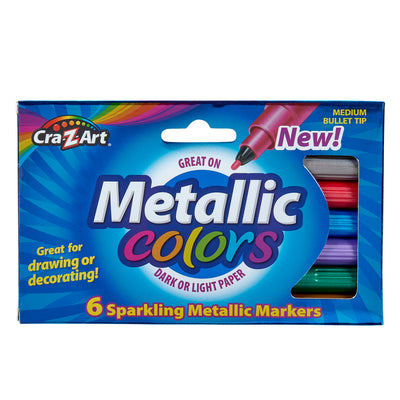A 6 ct. Mini Metallic Markers set with six sparkling metallic markers. The packaging highlights they are great for drawing or decorating on dark or light paper and have medium bullet tips.
