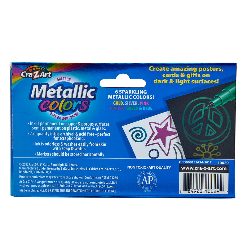A 6 ct. Mini Metallic Markers package showing six colors: gold, silver, pink, purple, green, and blue. The package highlights the non-toxic and washable features of the markers.