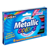 A package of 6 ct. Mini Metallic Markers with six sparkling metallic markers. Label indicates they are medium bullet tip and suitable for drawing or decorating on dark or light paper.