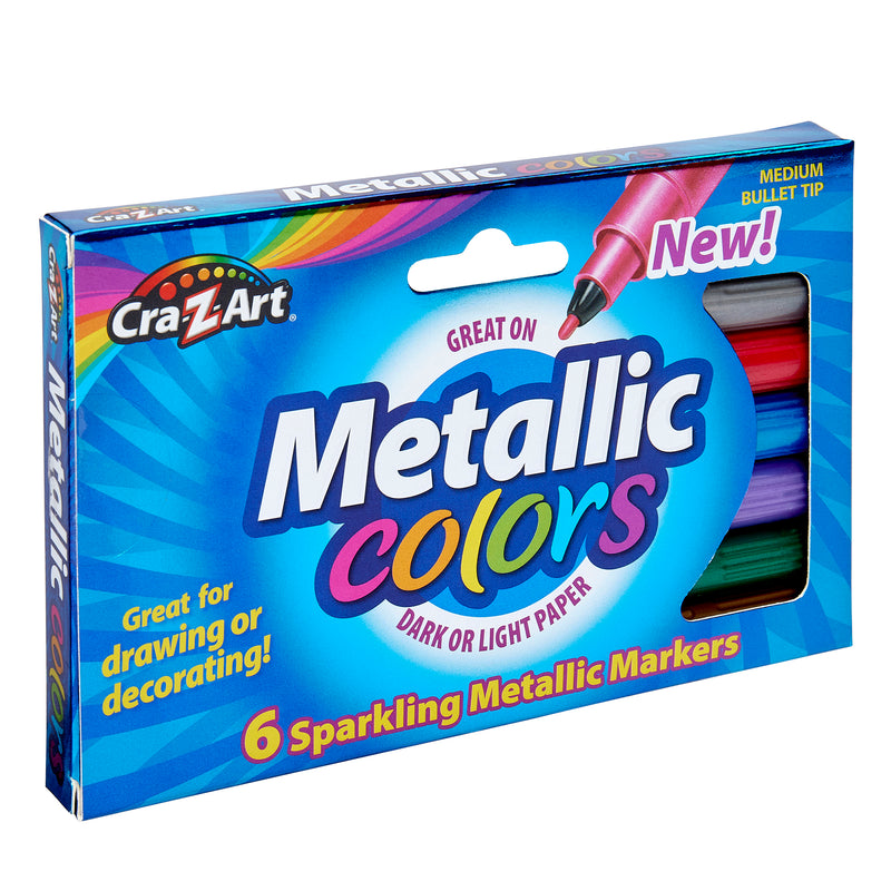 A package of 6 ct. Mini Metallic Markers with six sparkling metallic markers. Label indicates they are medium bullet tip and suitable for drawing or decorating on dark or light paper.