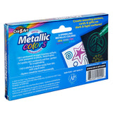 A box of 6 ct. Mini Metallic Markers in 6 colors: gold, silver, pink, purple, green, and blue. The box highlights their use for posters, cards, and gifts on dark or light surfaces.