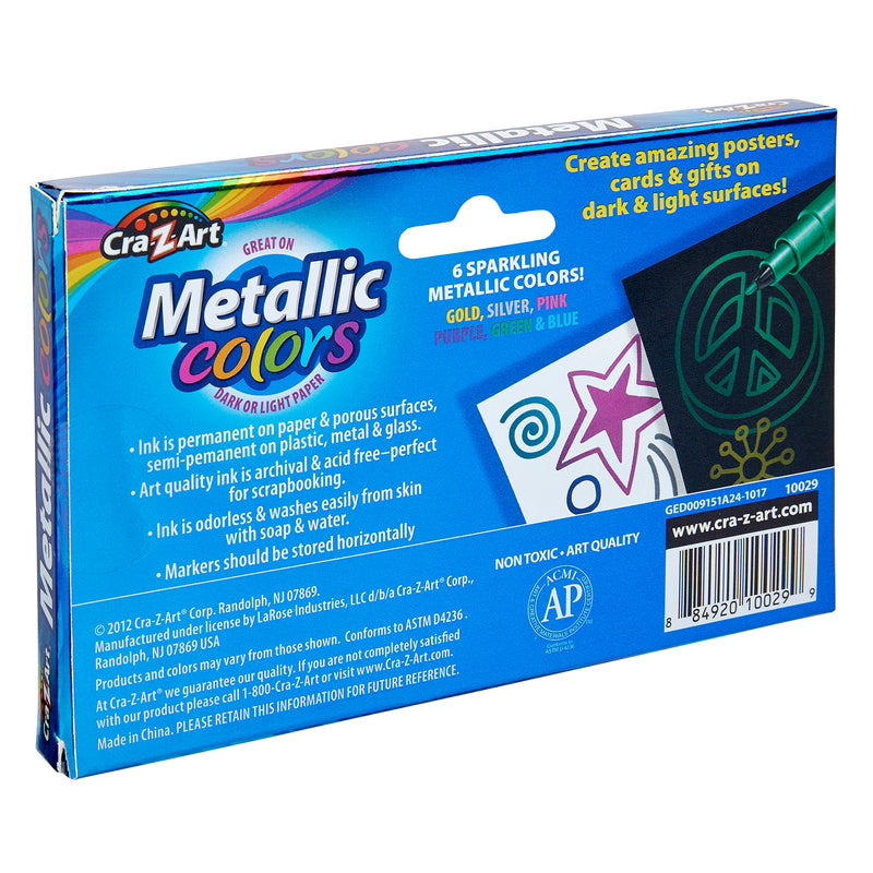 A box of 6 ct. Mini Metallic Markers in 6 colors: gold, silver, pink, purple, green, and blue. The box highlights their use for posters, cards, and gifts on dark or light surfaces.