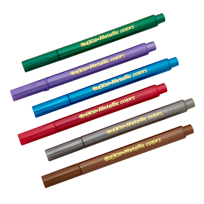Six colored markers labeled "6 ct. Mini Metallic Markers." The markers are green, blue, purple, red, silver, and copper.