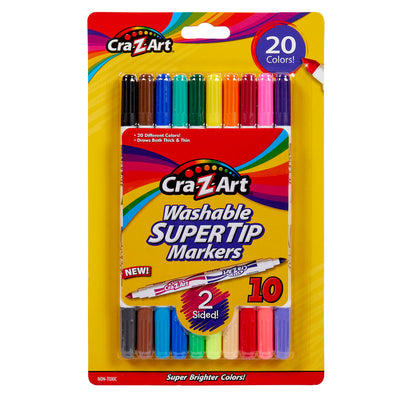Package of 10 ct. Double-Sided Super Tip Markers in 20 colors with the label displaying "2 Sided" and "10" on the front, featuring a colorful, rainbow-themed design.