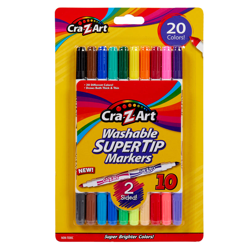 Package of 10 ct. Double-Sided Super Tip Markers in 20 colors with the label displaying "2 Sided" and "10" on the front, featuring a colorful, rainbow-themed design.