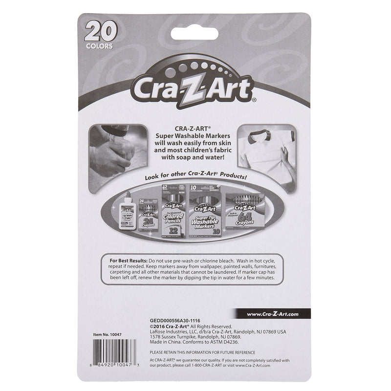 Back of a 10 ct. Double-Sided Super Tip Markers package showing product features and other Cro-Z-Art products. The package contains 20 colors and highlights safety and washing instructions at the bottom.