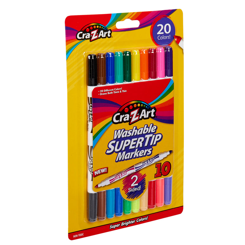 10 ct. Double-Sided Super Tip Markers package, featuring 20 dual-sided markers in various colors. The packaging highlights the markers' ability to draw both thick and thin lines.