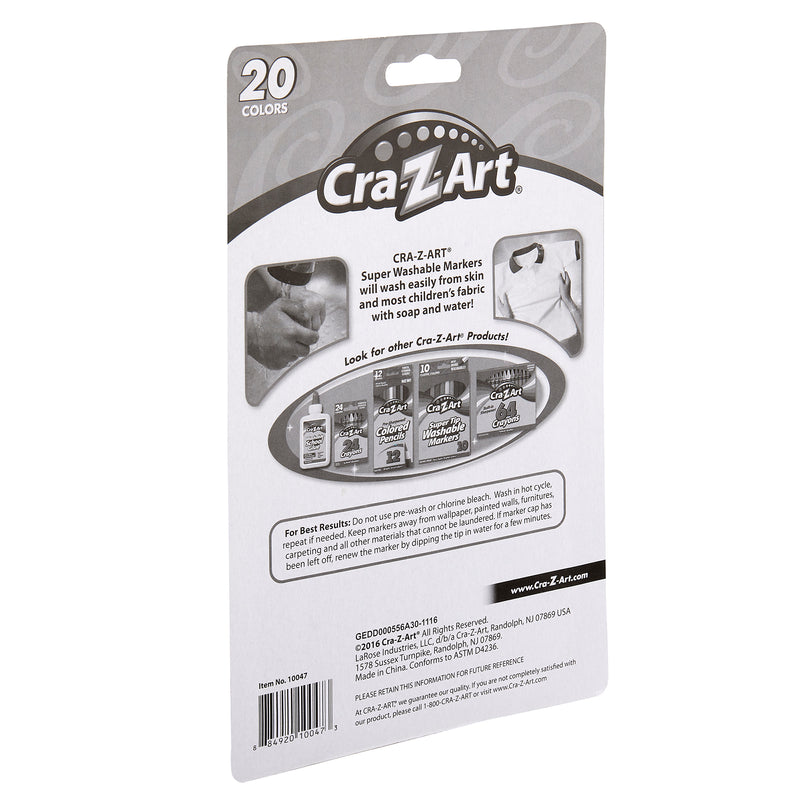 A product packaging for 10 ct. Double-Sided Super Tip Markers showing 20 colors with text describing them as super washable. The back displays a range of other Cra-Z-Art products and instructions for best results.