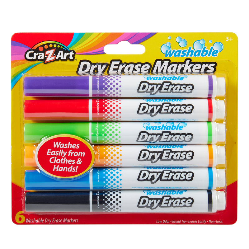 A pack of six Cra-z-art Kids Washable Broadline Dry Erase Markers 6 Count in various colors. The packaging states they are washable, low odor, have broad tips, are non-toxic, and wash easily from clothes and hands.