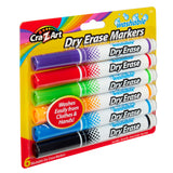 A package of six Cra-z-art Kids Washable Broadline Dry Erase Markers 6 Count in various colors, labeled washable and for ages 3+, claiming to wash easily from clothes and hands.