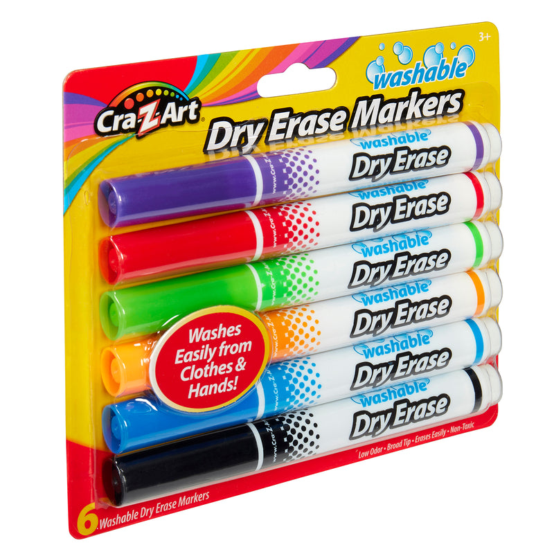 A package of six Cra-z-art Kids Washable Broadline Dry Erase Markers 6 Count in various colors, labeled washable and for ages 3+, claiming to wash easily from clothes and hands.