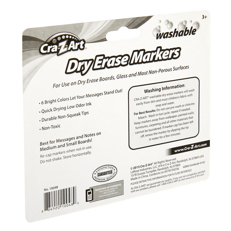 Packaging for Cra-Z-Art Kids Washable Broadline Dry Erase Markers 6 Count, highlighting features such as bright colors, quick-drying low odor ink, durable non-squeak tips, and non-toxic. Includes washing information and usage instructions.