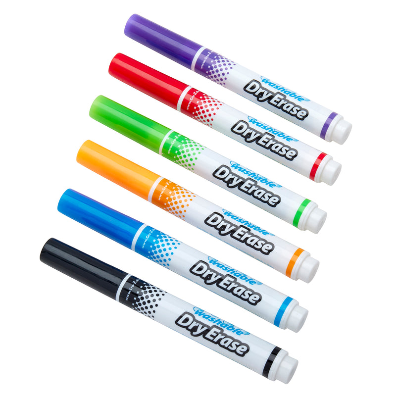 Six Cra-z-art Kids Washable Broadline Dry Erase Markers 6 Count markers in various colors (purple, red, green, blue, orange, black) arranged in a diagonal line on a white background.
