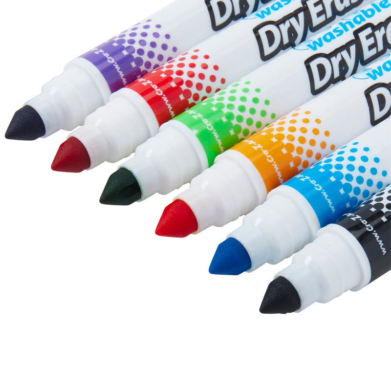 A set of Cra-z-art Kids Washable Broadline Dry Erase Markers 6 Count with caps arranged in a line, featuring colors: purple, green, red, orange, blue, and black, on a white background.